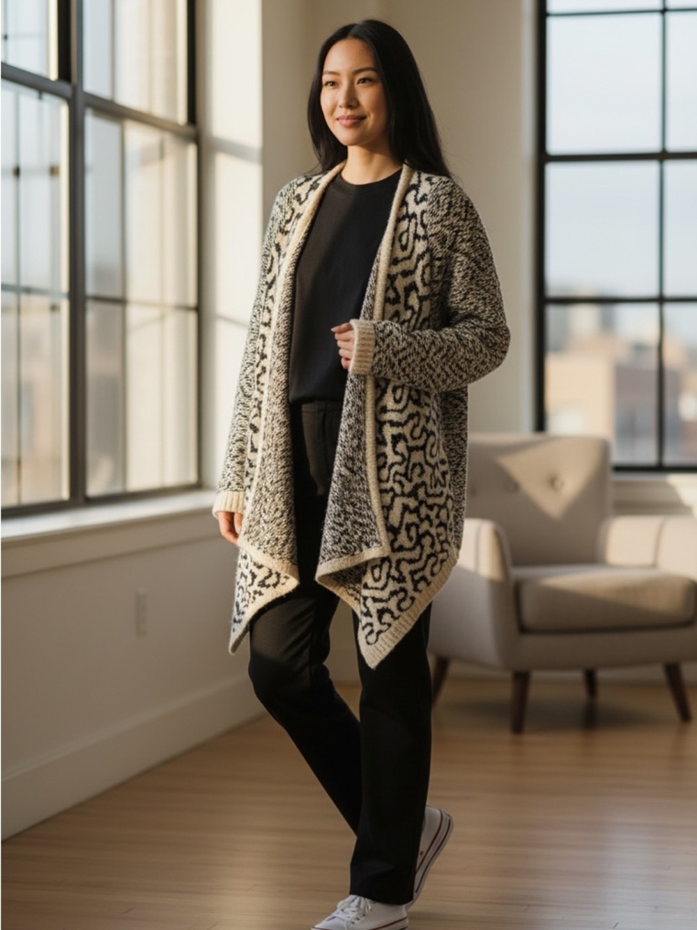 BKE Black and Cream Open-Front Patterned Cardigan